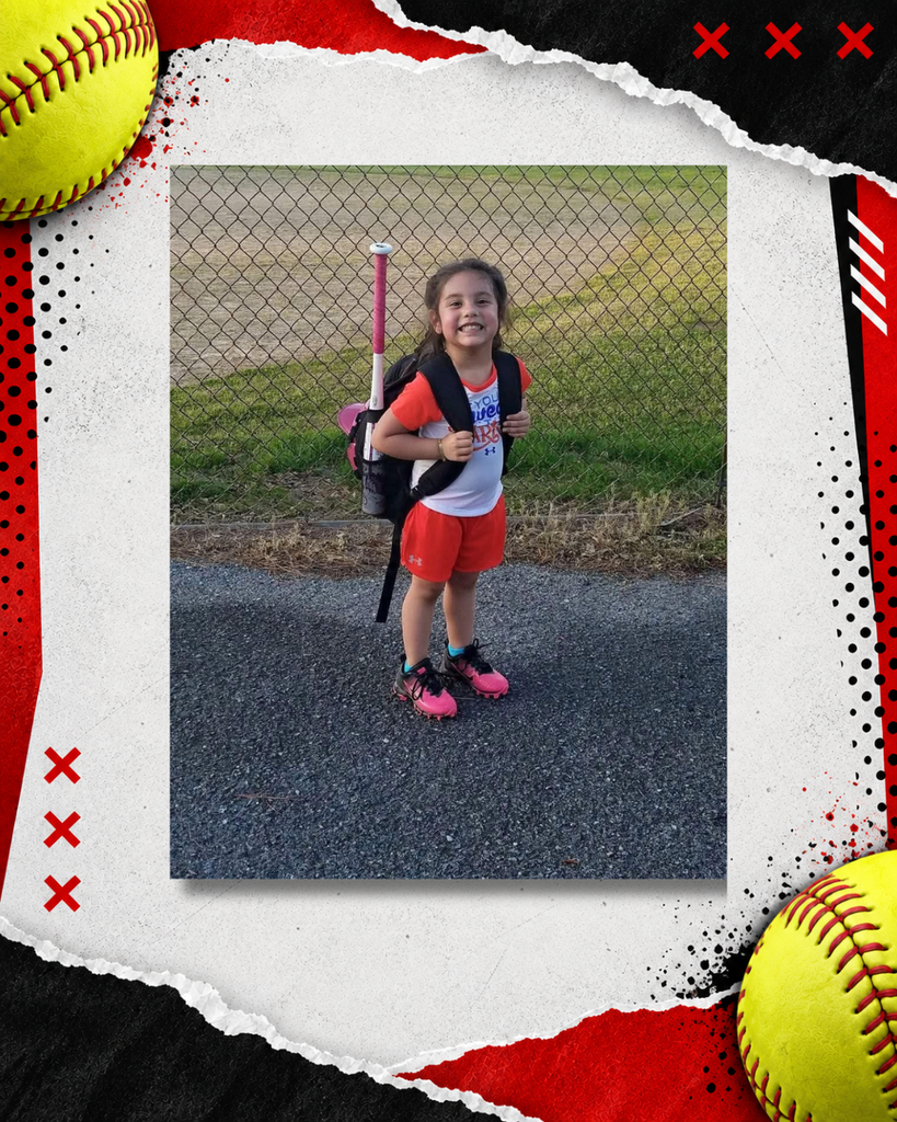 Throwback youth softball photo of a current Dalton Middle Lady Cats 8th grader, shown as a young player posing with her bat. The photo is framed in a red, black, and white softball-themed graphic with yellow softballs and torn-paper details.