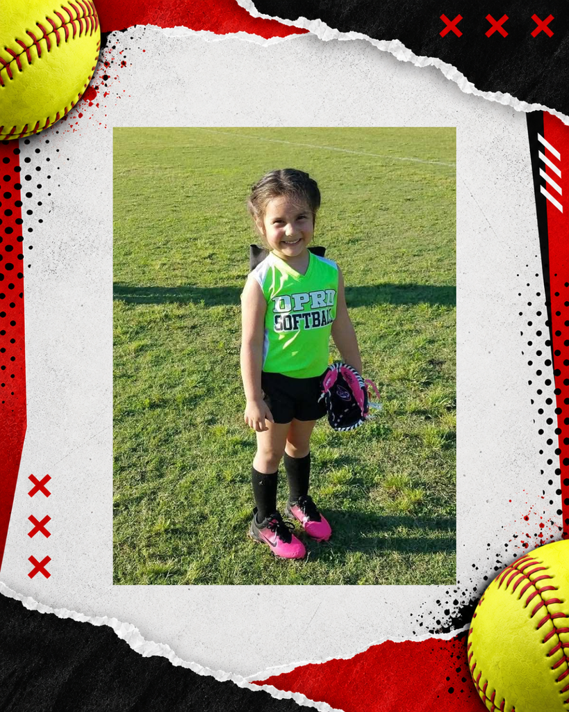 Throwback youth softball photo of a current Dalton Middle Lady Cats 8th grader, shown as a young player posing with her bat. The photo is framed in a red, black, and white softball-themed graphic with yellow softballs and torn-paper details.