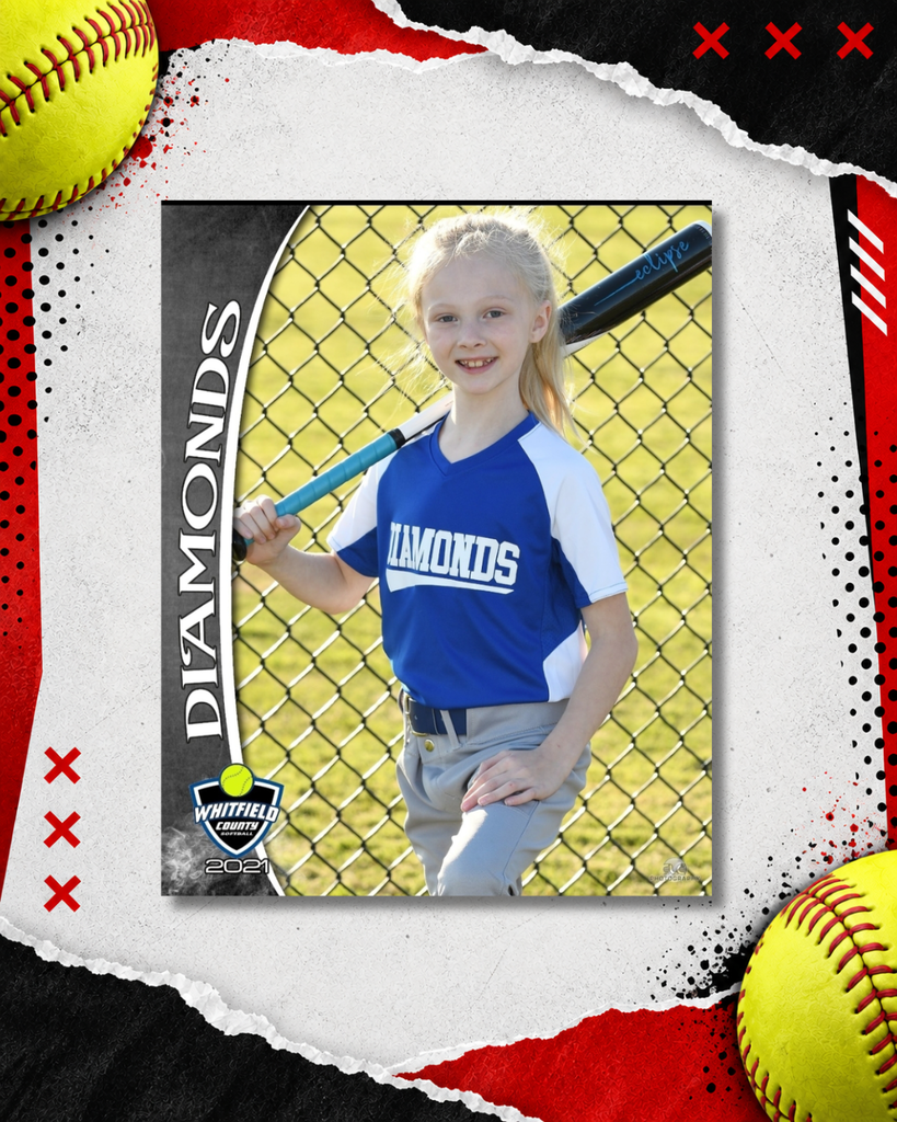 Throwback youth softball photo of a current Dalton Middle Lady Cats 8th grader, shown as a young player posing with her bat. The photo is framed in a red, black, and white softball-themed graphic with yellow softballs and torn-paper details.