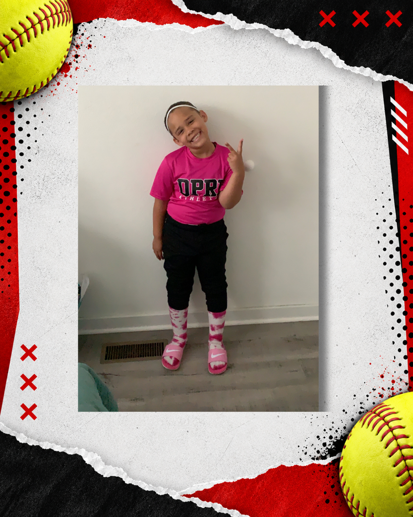 Throwback youth softball photo of a current Dalton Middle Lady Cats 8th grader, shown as a young player posing with her bat. The photo is framed in a red, black, and white softball-themed graphic with yellow softballs and torn-paper details.