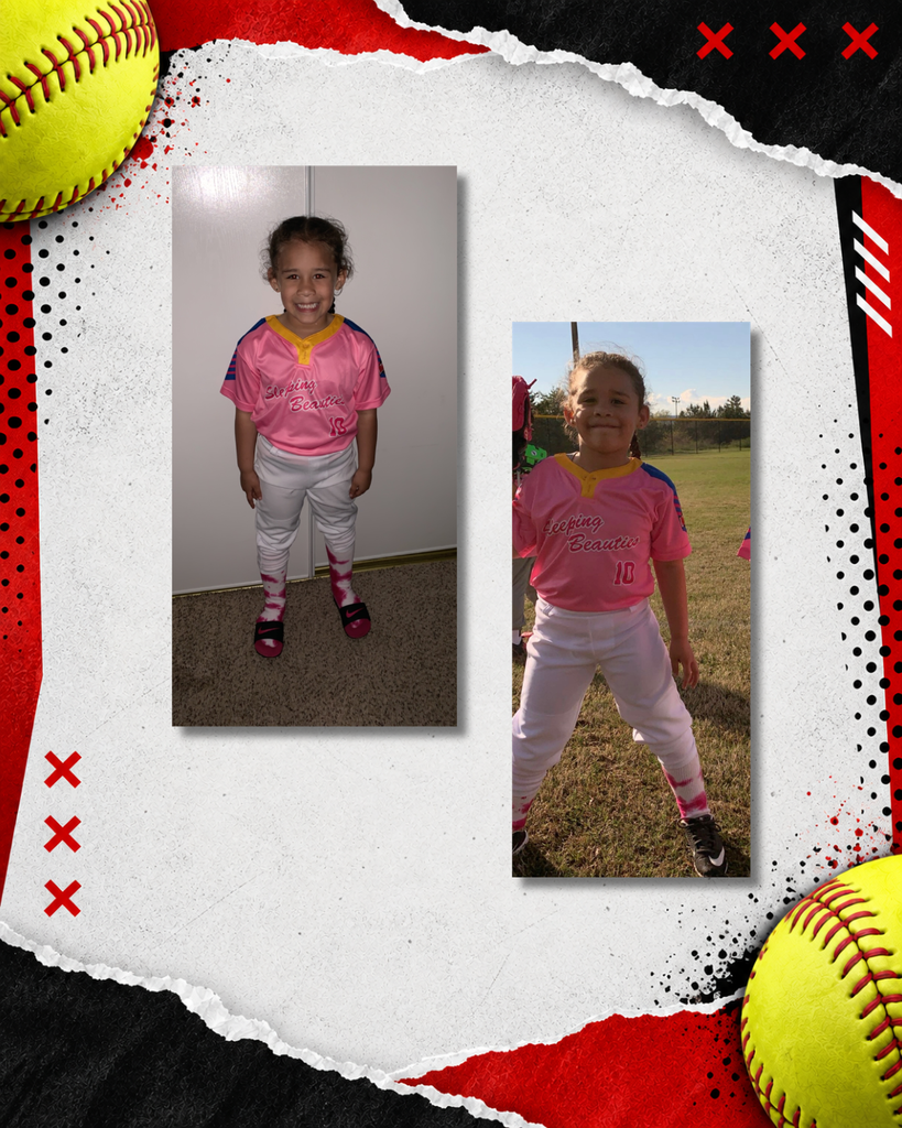 Throwback youth softball photo of a current Dalton Middle Lady Cats 8th grader, shown as a young player posing with her bat. The photo is framed in a red, black, and white softball-themed graphic with yellow softballs and torn-paper details.