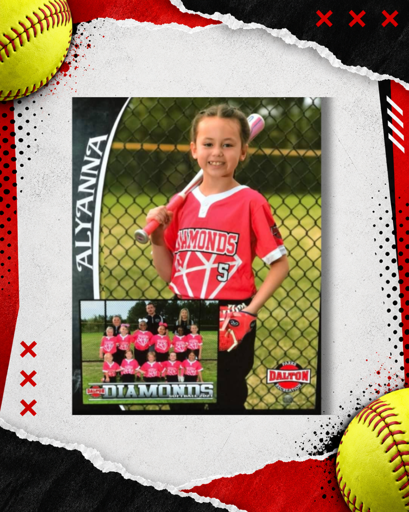 Throwback youth softball photo of a current Dalton Middle Lady Cats 8th grader, shown as a young player posing with her bat. The photo is framed in a red, black, and white softball-themed graphic with yellow softballs and torn-paper details.