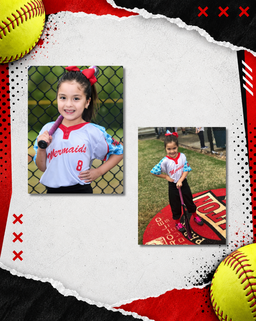Throwback youth softball photo of a current Dalton Middle Lady Cats 8th grader, shown as a young player posing with her bat. The photo is framed in a red, black, and white softball-themed graphic with yellow softballs and torn-paper details.