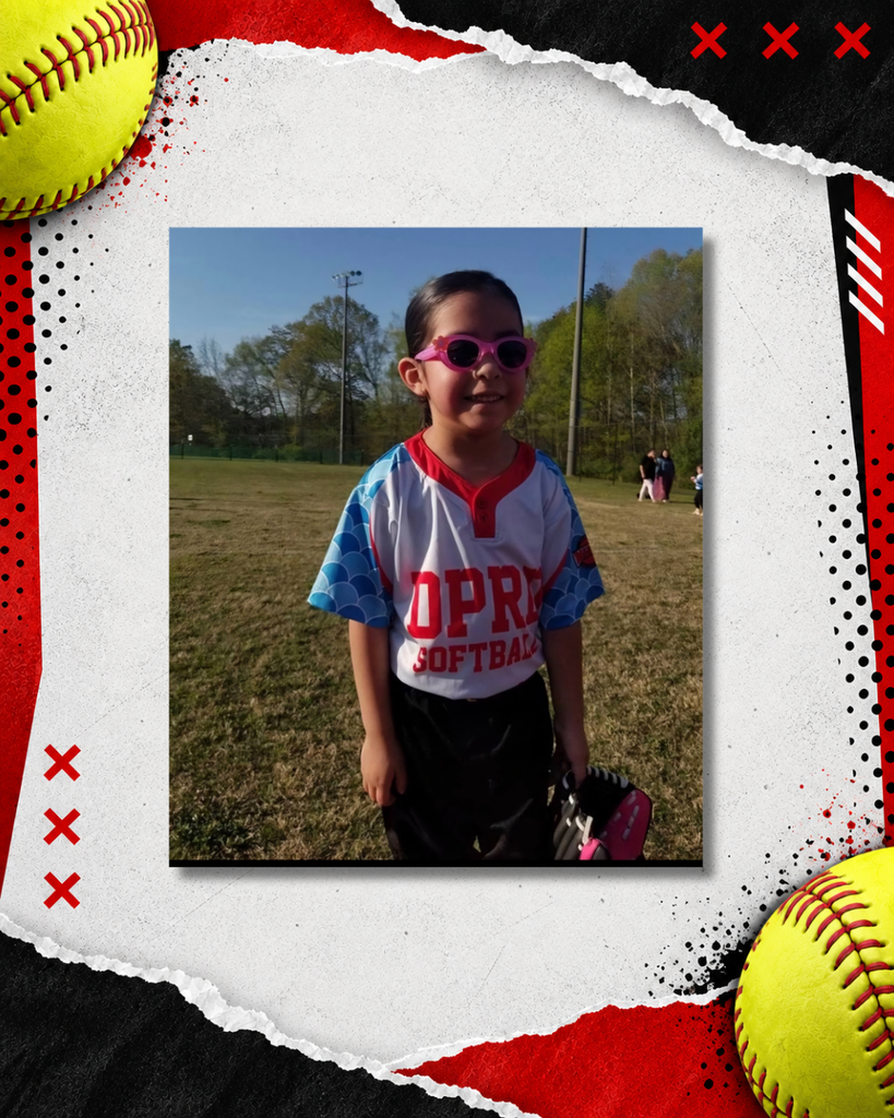 Throwback youth softball photo of a current Dalton Middle Lady Cats 8th grader, shown as a young player posing with her bat. The photo is framed in a red, black, and white softball-themed graphic with yellow softballs and torn-paper details.