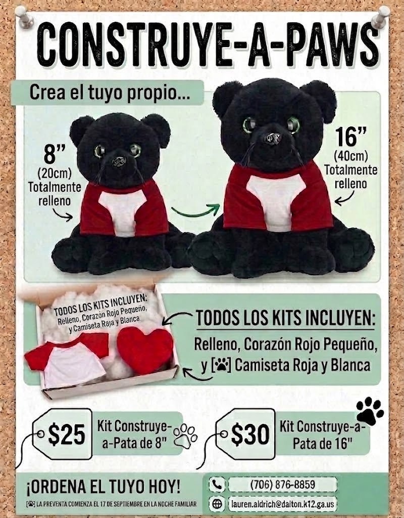 City Park Panther merchandise includes pre-order items available starting Thursday, September 17, at Family Night.  **T-Shirts**  * **Student Shirt:** $20 (features "Building My Legacy" with customizable class year) * **Parent Shirt:** $20 (features "Proud Parent of a City Park Panther")  **Build-A-Paws Kits**  * **8" Kit:** $25 * **16" Kit:** $30 * **Kit Contents:** Stuffing, small red heart, and a red-and-white shirt  **Contact & Ordering**  * **Phone:** (706) 876-8859 * **Email:** lauren.aldrich@dalton.k12.ga.us