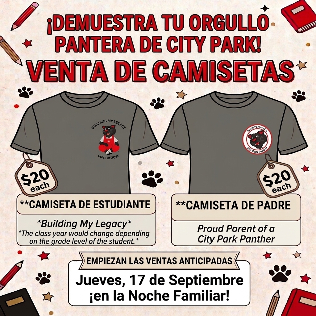 City Park Panther merchandise includes pre-order items available starting Thursday, September 17, at Family Night.  **T-Shirts**  * **Student Shirt:** $20 (features "Building My Legacy" with customizable class year) * **Parent Shirt:** $20 (features "Proud Parent of a City Park Panther")  **Build-A-Paws Kits**  * **8" Kit:** $25 * **16" Kit:** $30 * **Kit Contents:** Stuffing, small red heart, and a red-and-white shirt  **Contact & Ordering**  * **Phone:** (706) 876-8859 * **Email:** lauren.aldrich@dalton.k12.ga.us