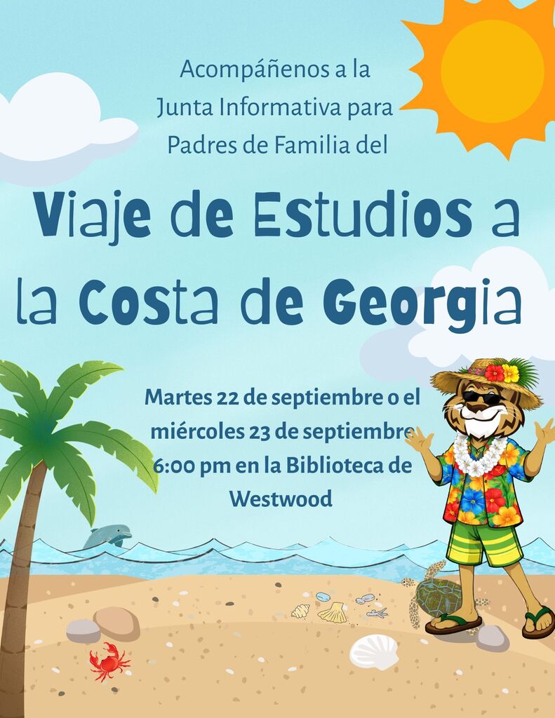 Spanish version of the event flyer featuring identical beach artwork and cartoon wildcat mascot illustration. The text translates/reads: Header: "Acompáñenos a la Junta Informativa para Padres de Familia del Viaje de Estudios a la Costa de Georgia" Dates: Martes 22 de septiembre o el miércoles 23 de septiembre Time & Location: 6:00 pm en la Biblioteca de Westwood