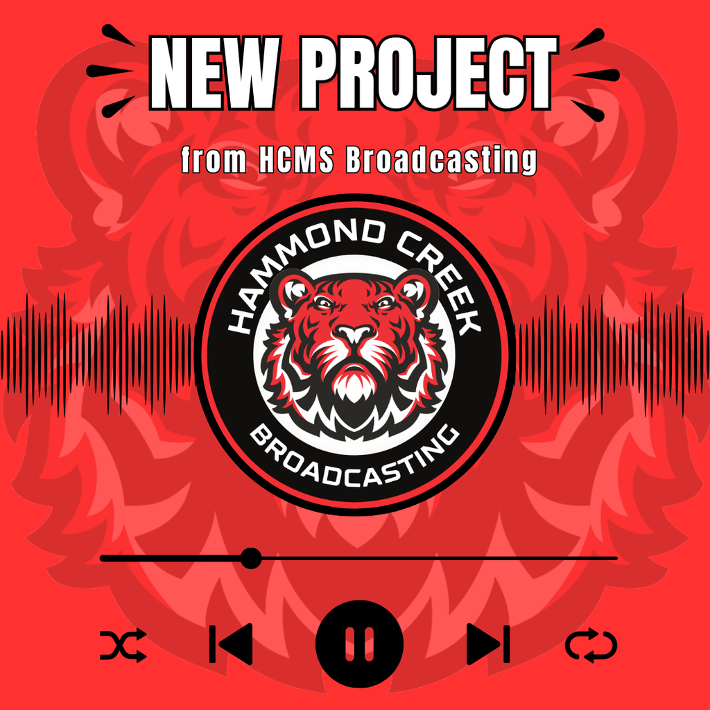 Red graphic promoting a new project from HCMS Broadcasting. Large white text at the top reads "NEW PROJECT" with smaller text below reading "from HCMS Broadcasting." The center of the graphic features the Hammond Creek Broadcasting logo with a tiger mascot inside a circular emblem. Black audio waveform graphics stretch across the middle behind the logo. Music player controls, including shuffle, previous track, pause, next track, repeat, and a progress bar, appear near the bottom. A large red tiger graphic is faintly visible in the background.