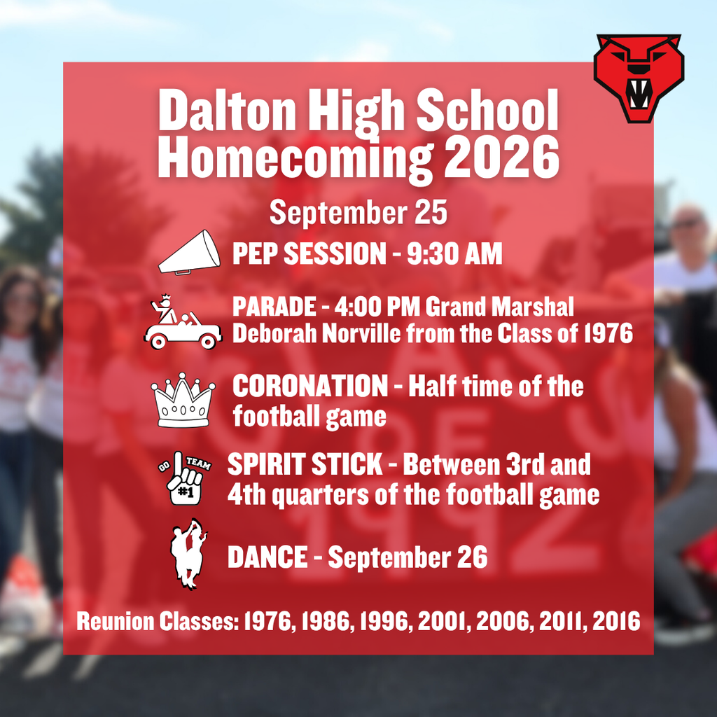 A schedule flyer for Dalton High School Homecoming 2026 detailing events for September 25 and 26.
