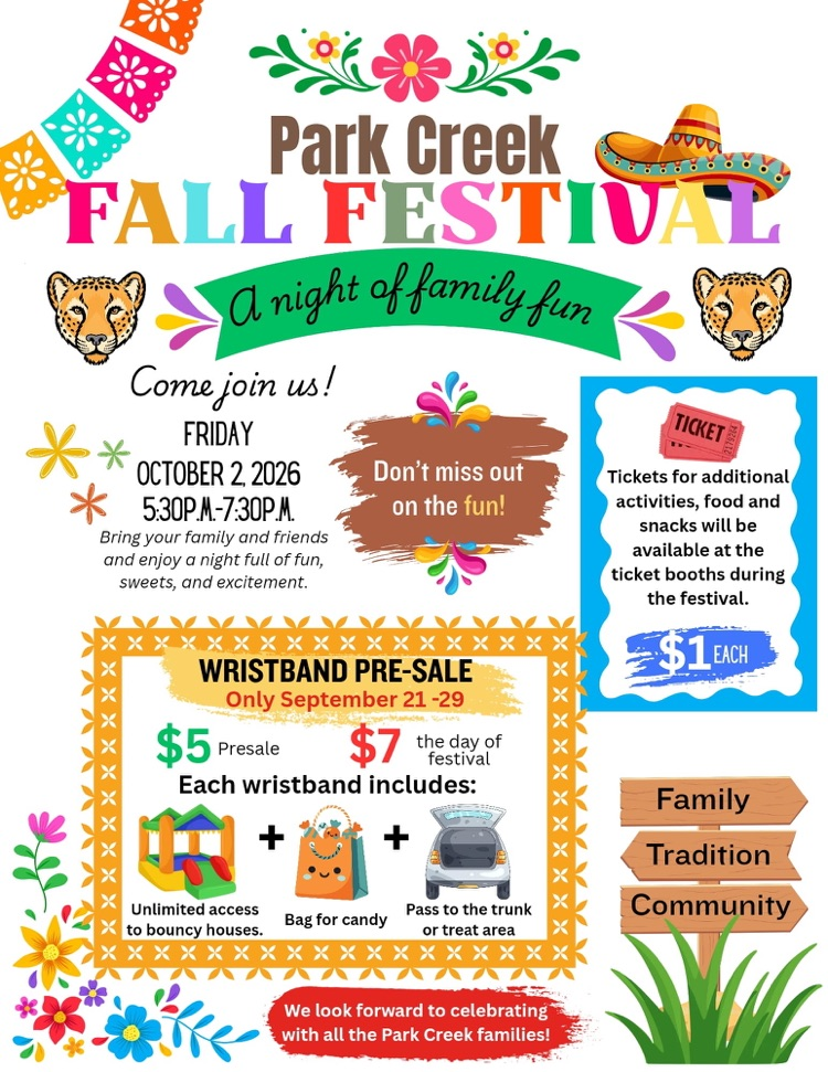 Flyer for Park Creek Fall Festival on Oct 2, 2026, 5:30–7:30 PM. Pre-sale wristbands (Sept 21–29) are $5 ($7 day of) for bouncy houses, candy bags, and trunk-or-treat access. Extra activity and food tickets are $1 each.