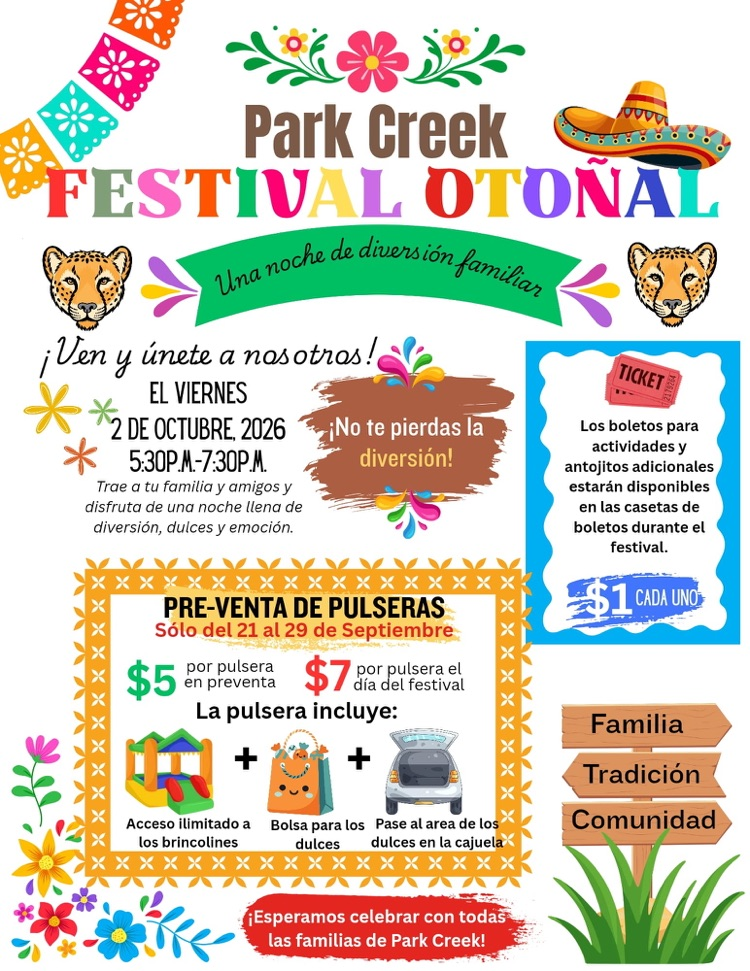 Spanish flyer for Park Creek Festival Otoñal on Oct 2, 2026, 5:30–7:30 PM. Pre-sale wristbands (Sept 21–29) are $5 ($7 day of) for brincolines, candy bags, and trunk-or-treat access. Extra activity and food tickets are $1 each