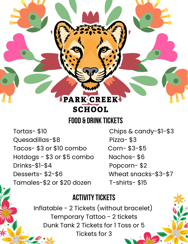 Ticket menu flyer for Park Creek School. Food and drinks range $1–$10 (tamales $20/dozen, T-shirts $15). Activities cost 2–5 tickets for inflatables, temporary tattoos, and a dunk tank
