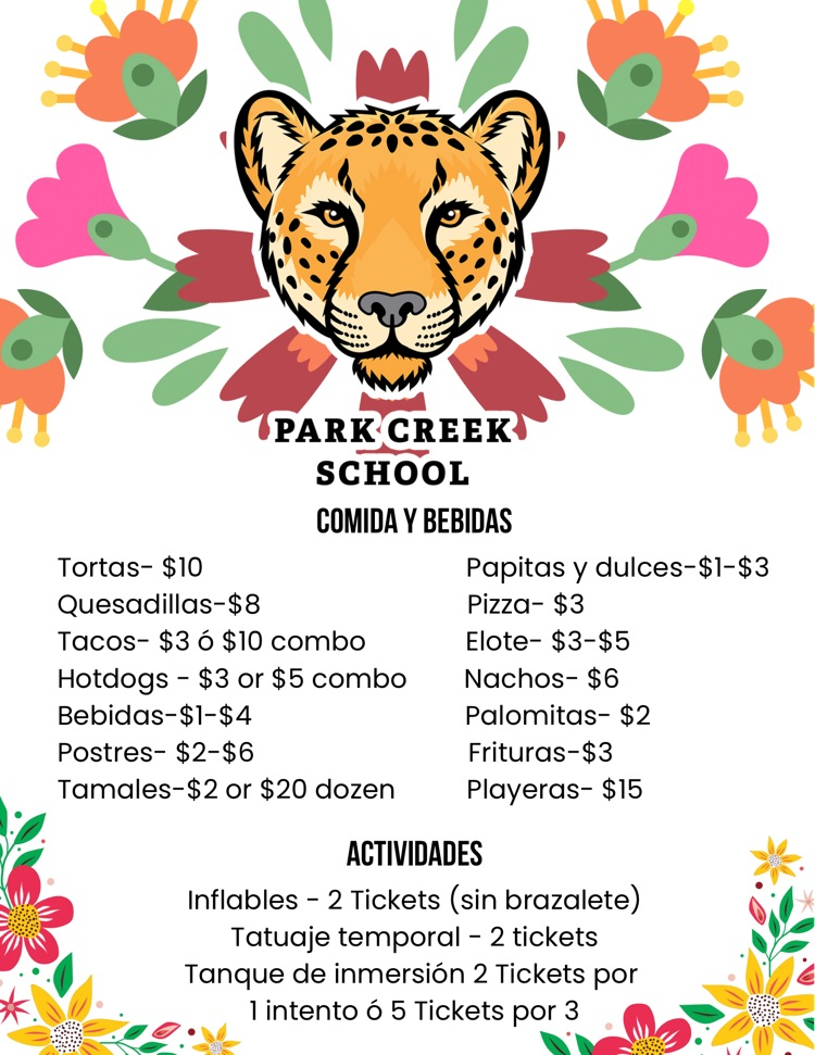 Spanish ticket menu flyer for Park Creek School. Food/drinks range $1–$10 (tamales $20/docena, playeras $15). Activities cost 2–5 tickets for inflables, tatuajes temporales, and tanque de inmersión