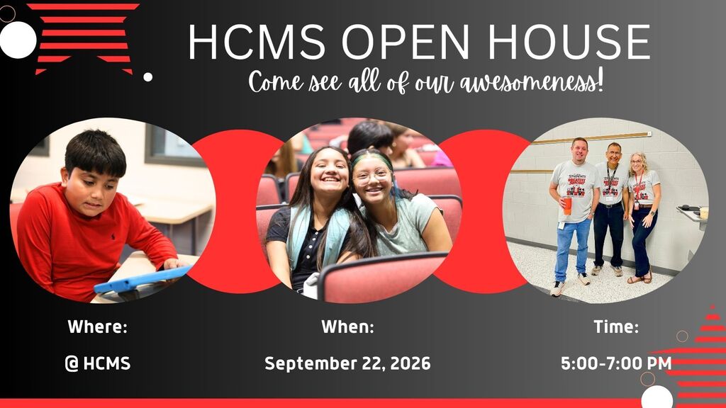 Promotional graphic for "HCMS Open House" with the tagline "Come see all of our awesomeness!" The graphic features photos of students engaged in school activities and a photo of staff members. Text states that Open House will take place at Hammond Creek Middle School on September 22, 2026, from 5:00 PM to 7:00 PM.