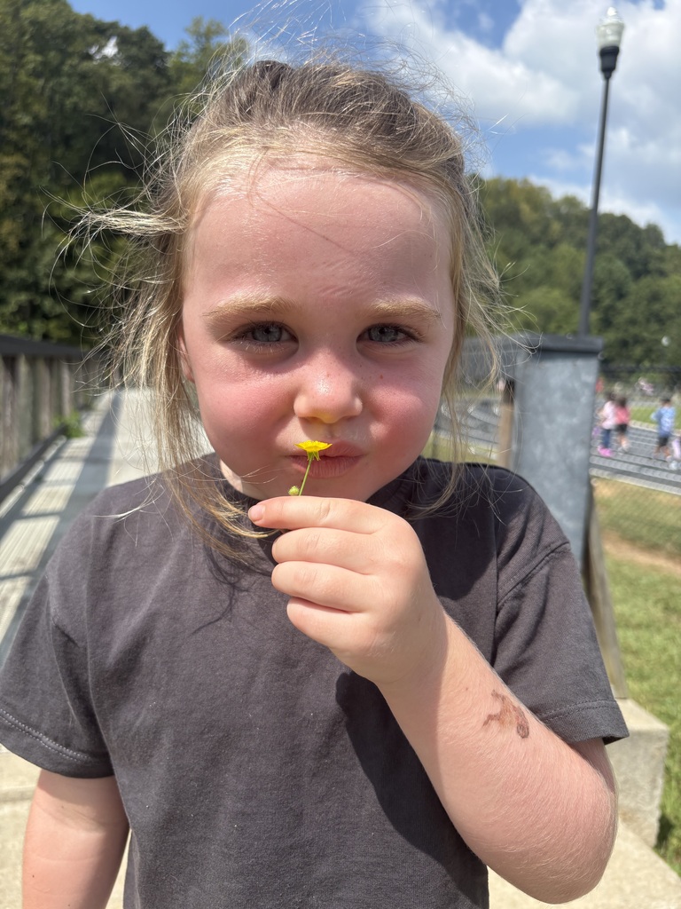 a student in a gray shirt sniffing a yellow flower