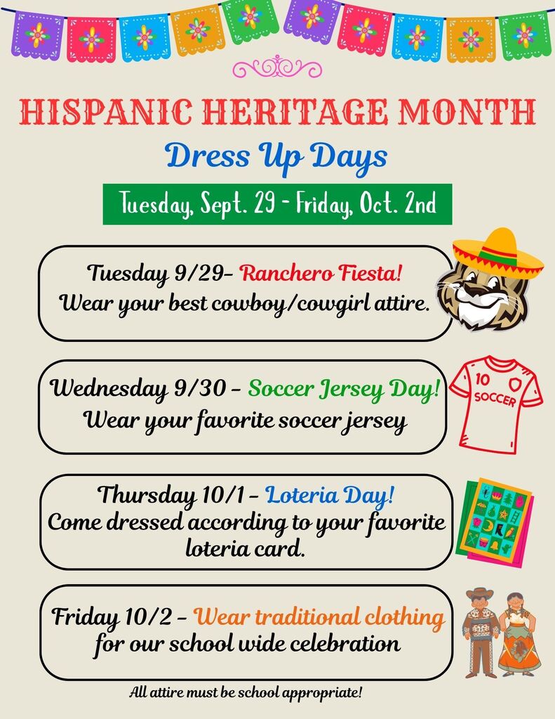 School flyer titled "HISPANIC HERITAGE MONTH Dress Up Days" spanning "Tuesday, Sept. 29 - Friday, Oct. 2nd". A colorful string of papel picado banners decorates the top border. Four rounded rectangular text boxes outline each themed day alongside thematic illustrations:  Tuesday 9/29 – Ranchero Fiesta! Wear your best cowboy/cowgirl attire. (Illustrated with a wildcat mascot in a sombrero)  Wednesday 9/30 – Soccer Jersey Day! Wear your favorite soccer jersey. (Illustrated with a red soccer jersey labeled "SOCCER 10")  Thursday 10/1 – Loteria Day! Come dressed according to your favorite loteria card. (Illustrated with colorful Lotería cards)  Friday 10/2 – Wear traditional clothing for our school wide celebration. (Illustrated with a couple wearing traditional Mexican clothing)  The bottom note reads: "All attire must be school appropriate!"