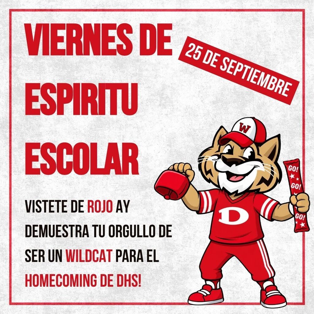 Spanish version of the event flyer titled "VIERNES DE ESPIRITU ESCOLAR" with the same red border, light background, and cartoon wildcat mascot graphic. The red angled banner in the top right reads "25 DE SEPTIEMBRE". The main text on the left reads: "VISTETE DE ROJO AY DEMUESTRA TU ORGULLO DE SER UN WILDCAT PARA EL HOMECOMING DE DHS!"