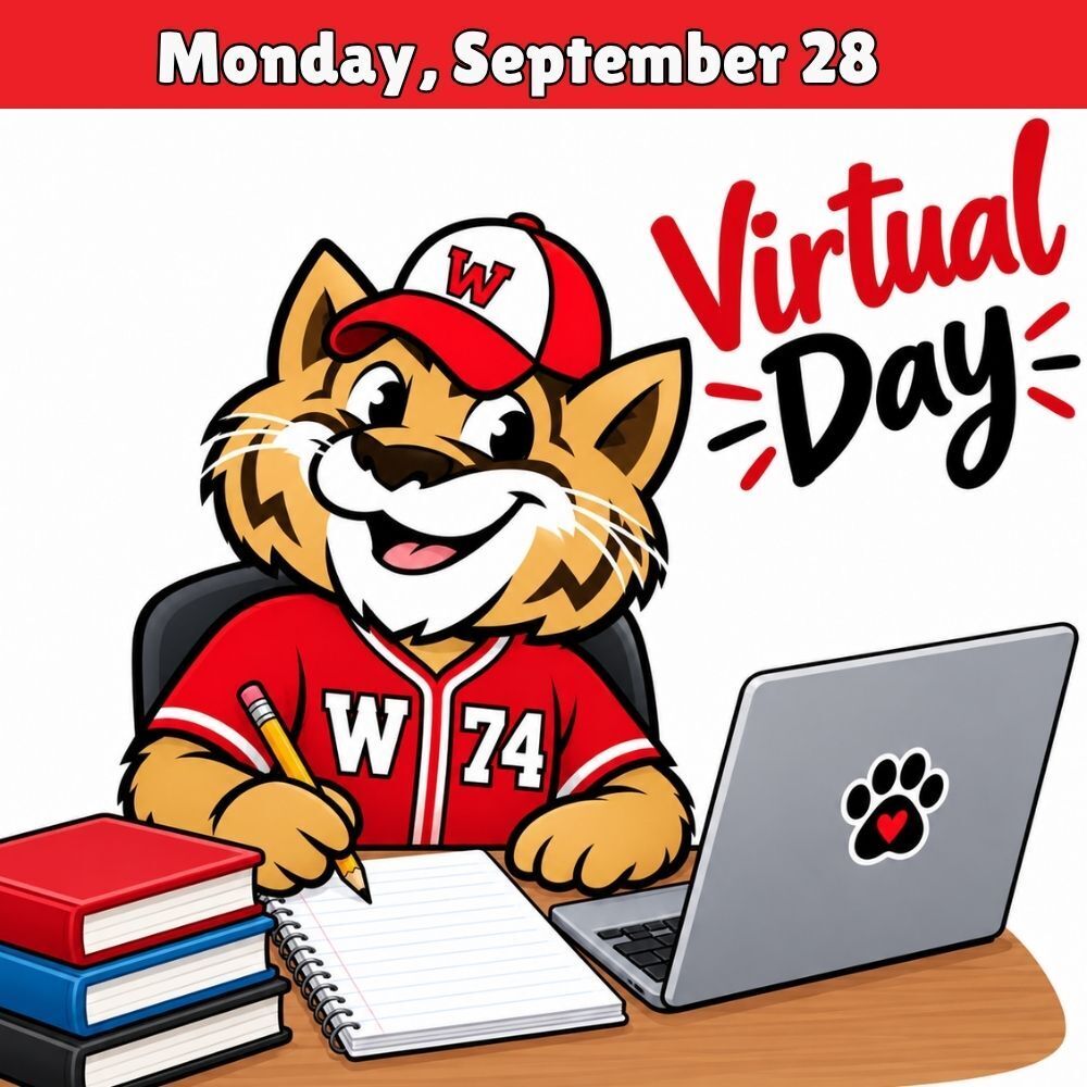 Graphic illustration titled "Virtual Day" in bold red and black handwriting-style font. The image features a smiling cartoon wildcat mascot sitting at a wooden desk wearing a red baseball cap with a white "W" and a red baseball jersey with a white "W" and the number 74. The mascot holds a yellow pencil in hand, writing on a spiral notebook next to an open silver laptop displaying a black-and-red paw print sticker. A stack of red, blue, and black books rests on the left side of the desk.