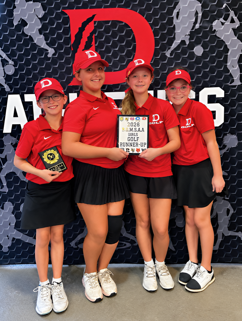 Dalton Middle girls golfers pose with their Region Runner-Up award and individual medalist trophy.