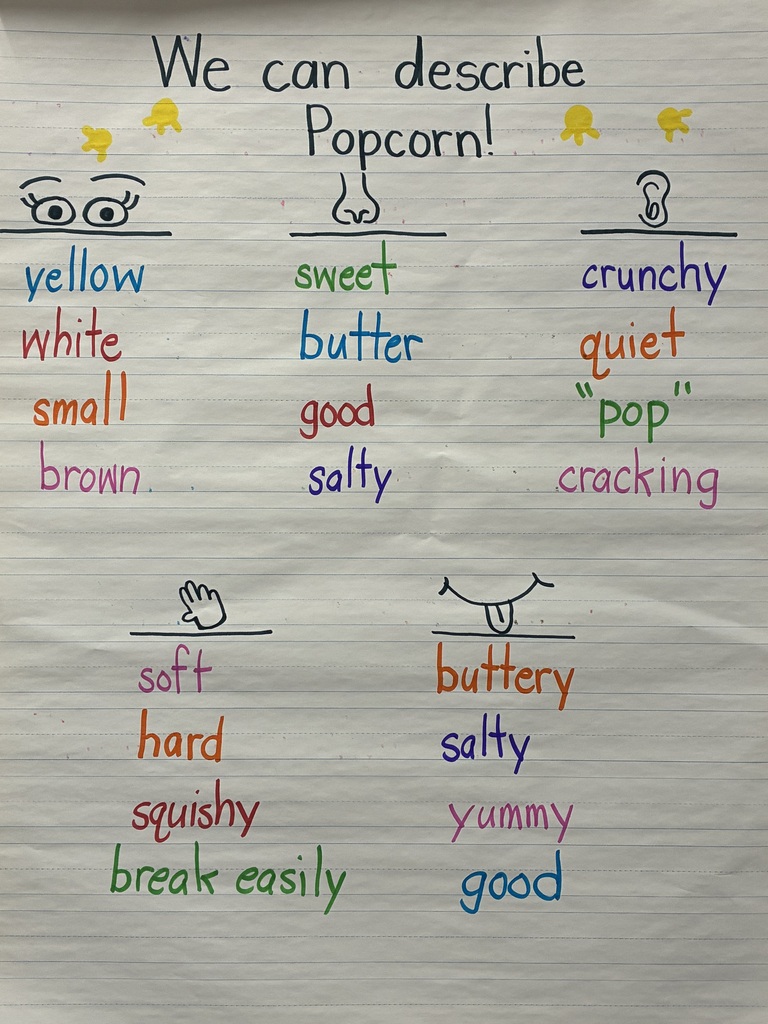 A hand-written classroom chart titled "We can describe Popcorn!" organized into five columns based on the five senses, with simple icons at the top of each category:  Sight (eyes icon): yellow, white, small, brown  Smell (nose icon): sweet, butter, good, salty  Sound (ear icon): crunchy, quiet, "pop", cracking  Touch (hand icon): soft, hard, squishy, break easily  Taste (mouth icon): buttery, salty, yummy, good