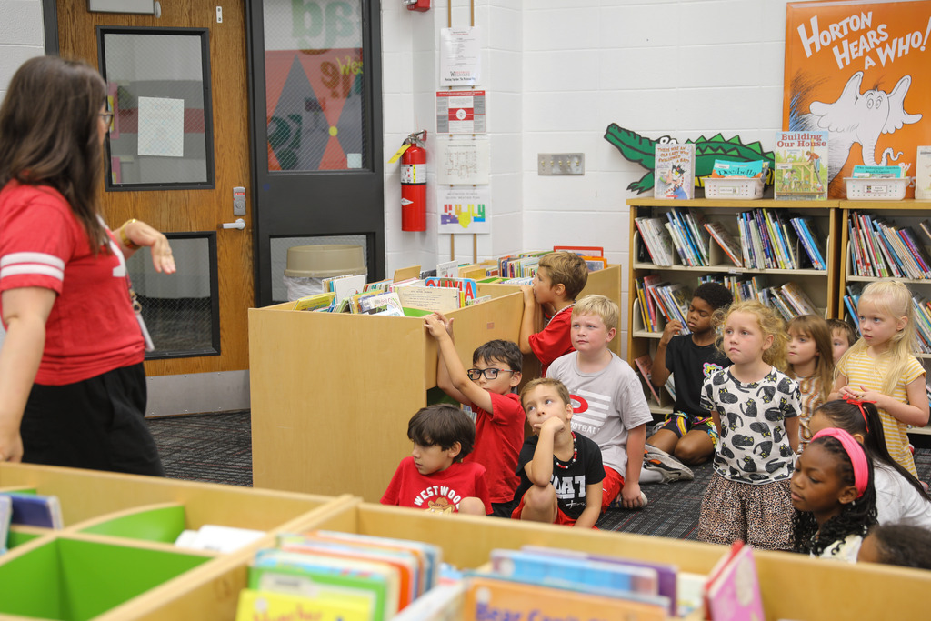 Students listening to a librarian give a group presentation in the media center.