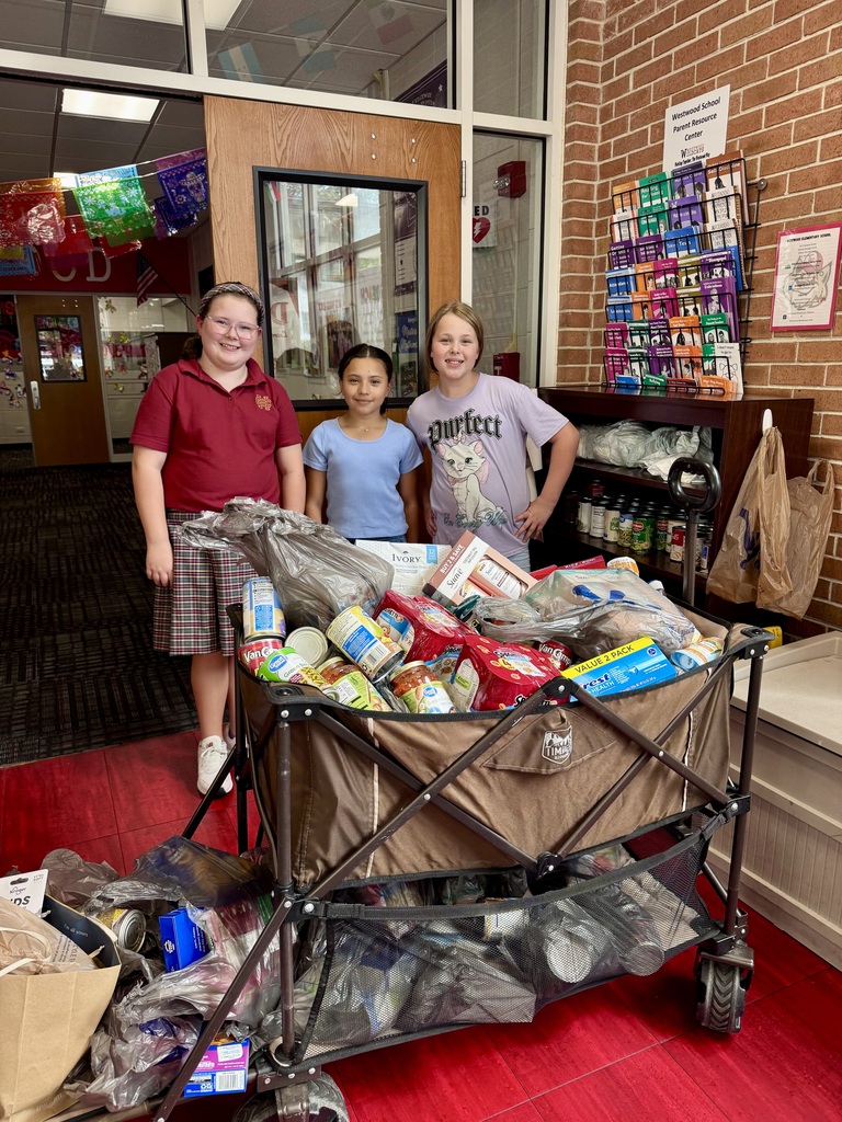 Three students smiling standing behind a brown folding wagon filled with donated canned food, non-perishable groceries, and hygiene supplies inside a school hallway.
