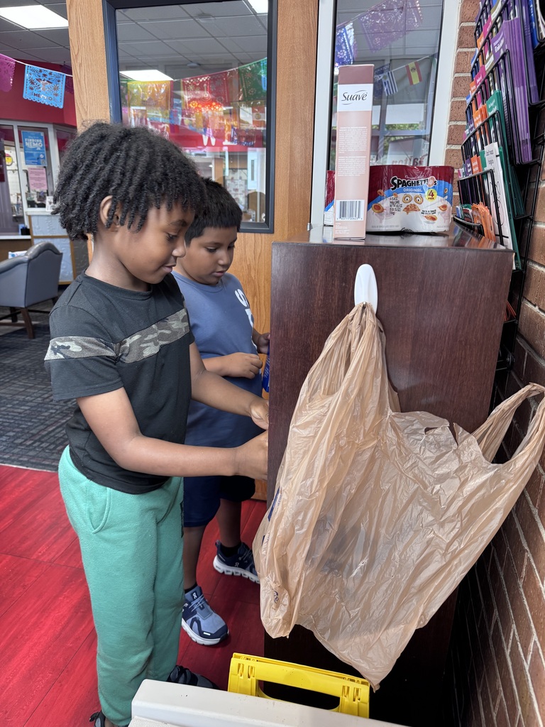 Two young boys organizing donated non-perishable food items on a wooden shelf next to plastic grocery bags in a school entryway.