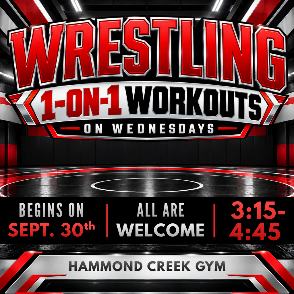Dalton Middle Wrestling 1-on-1 workouts on Wednesdays beginning September 30. Workouts are from 3:15–4:45 PM at Hammond Creek Gym. All are welcome.
