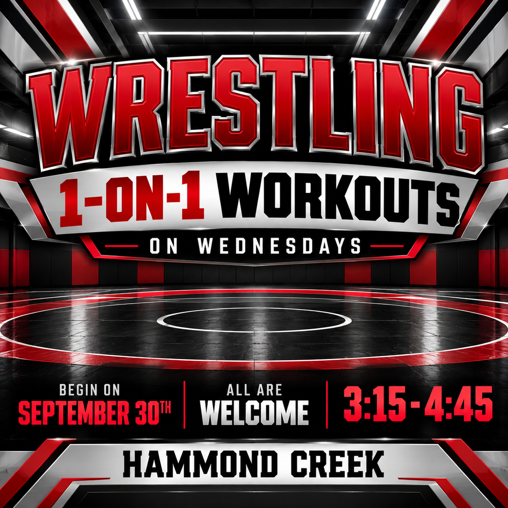 Dalton Middle Wrestling 1-on-1 workouts on Wednesdays beginning September 30. Workouts are from 3:15–4:45 PM at Hammond Creek Gym. All are welcome.