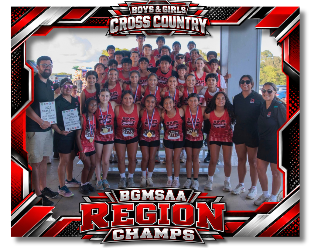 Boys and Girls Cross Country teams pose after winning the region championship; red/black frame