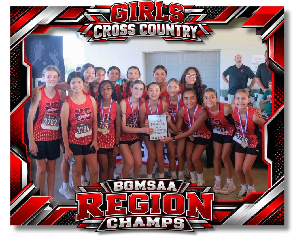 Girls Cross Country teams pose after winning the region championship; red/black frame
