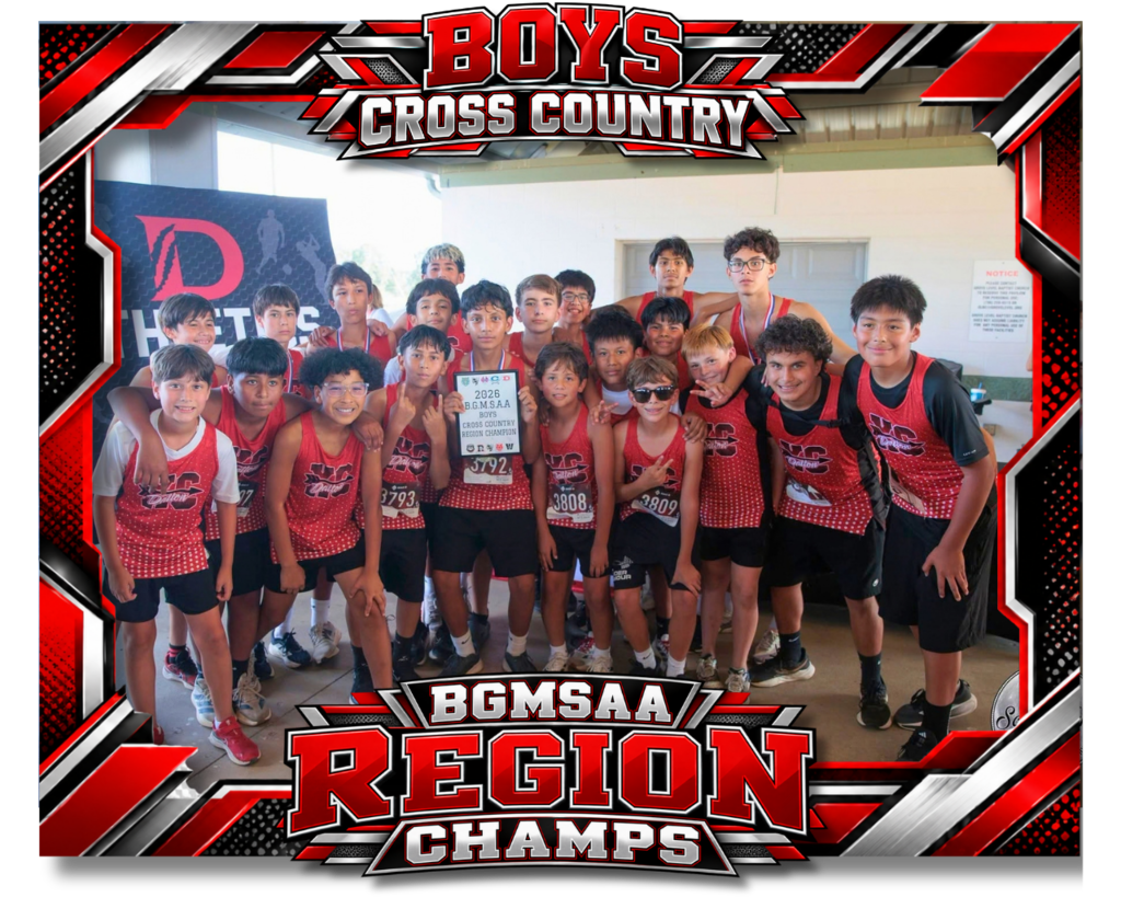 Boys Cross Country teams pose after winning the region championship; red/black frame