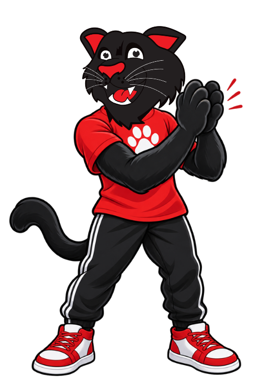 cartoon black panther claps its paws while wearing a bright red shirt with a white paw print, black athletic pants, and red-and-white sneakers.