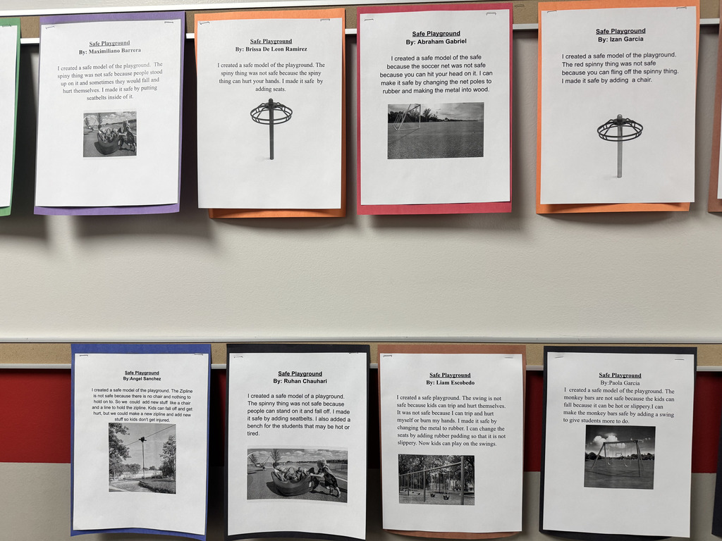 A bulletin board displaying third-grade “Safe Playground” projects. Students identified potential playground hazards and used writing and photographs to explain their proposed safety improvements