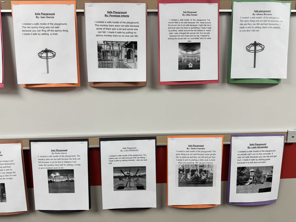A colorful display of third-grade “Safe Playground” writing projects. Students describe problems they noticed with playground equipment and propose solutions such as adding seats, padding, barriers, or other safety features.