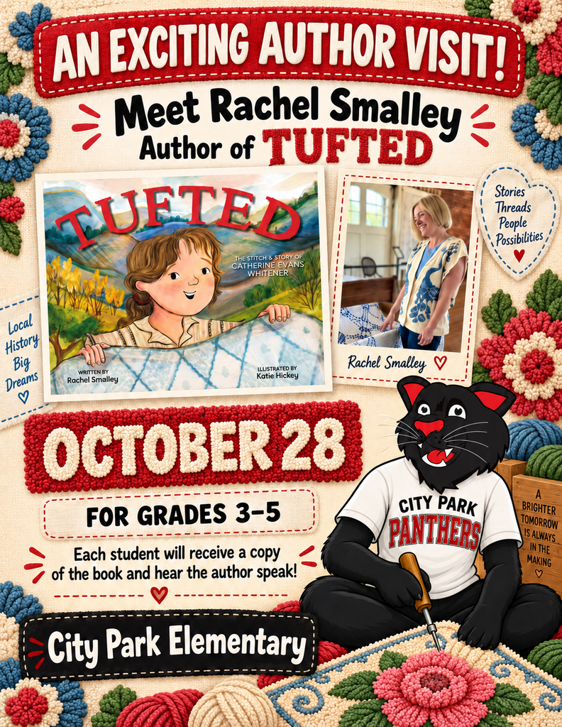 Event poster for an author visit at City Park Elementary. Top red header states "AN EXCITING AUTHOR VISIT! Meet Rachel Smalley, Author of TUFTED". Includes images of the book cover for Tufted (written by Rachel Smalley, illustrated by Katie Hickey) and a photo of author Rachel Smalley. The event date is bolded as "OCTOBER 28" for "GRADES 3-5," with a note stating each student will receive a copy of the book and hear the author speak. The black panther mascot wearing a "CITY PARK PANTHERS" shirt sits at the bottom next to tufted artwork.