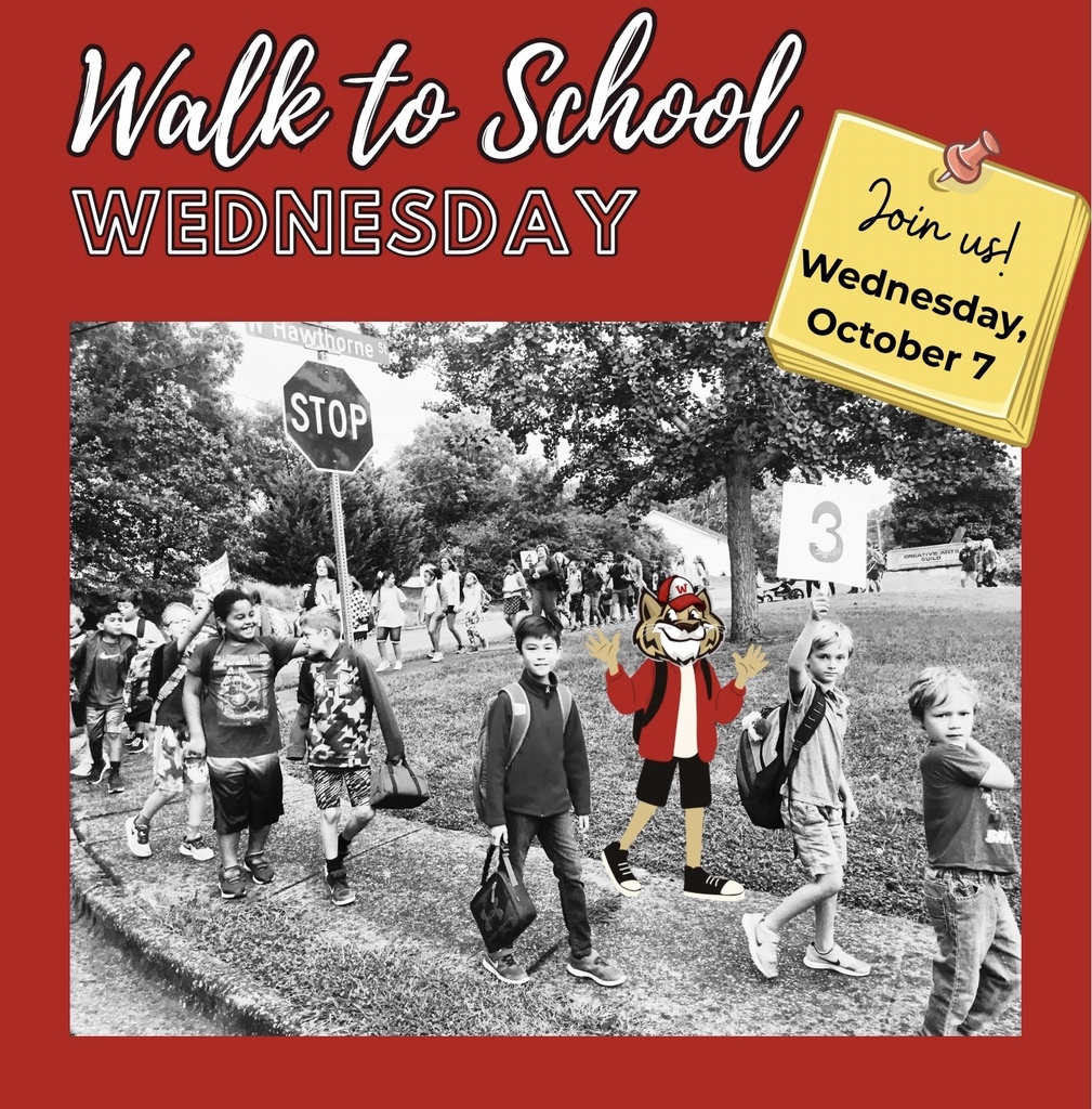 Promotional flyer for "Walk to School Wednesday" on October 7. The top features white cursive text reading "Walk to School" and outlined text reading "WEDNESDAY" against a red background. On the right, a yellow sticky note pinned to the background reads "Join us! Wednesday, October 7". Below the header is a black-and-white photograph showing a group of students walking along a sidewalk near a stop sign, with a cartoon wildcat mascot illustration layered among them.