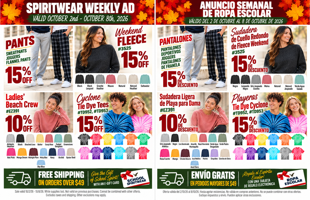 A side-by-side bilingual weekly ad for school spirit wear valid October 2nd to October 8th, 2026. The English version is on the left and Spanish is on the right. Offers include 15% off pants (sweatpants, joggers, flannel pants), 15% off Weekend Fleece crewnecks (#3525), 10% off Ladies’ Beach Crew sweatshirts (#EZ391) in multiple colors, and 15% off Cyclone Tie Dye Tees (#TD952, #TD953). Free shipping is offered on orders over $49.