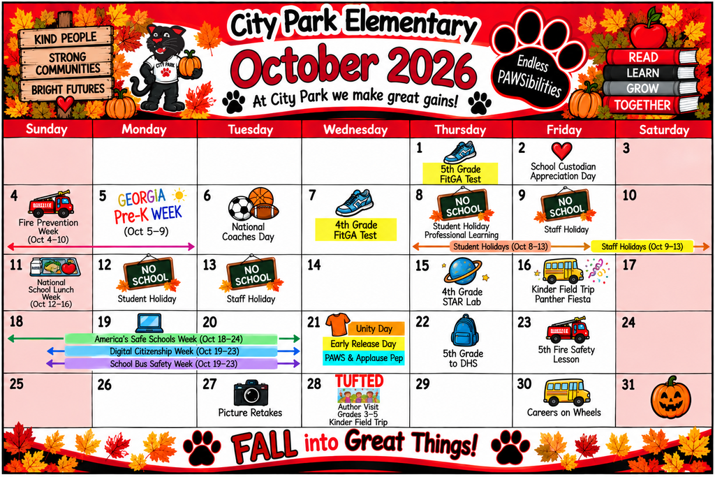 City Park Elementary October 2026 monthly events calendar featuring fall theme graphics, key student holidays, field trips, special awareness weeks, and school activities."