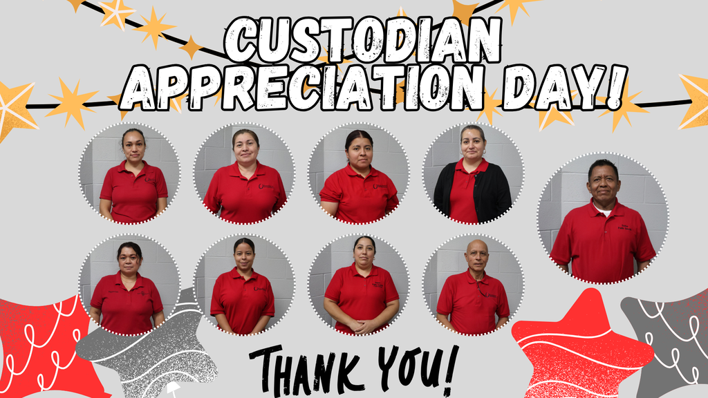 Graphic celebrating Custodian Appreciation Day. The design features eight school custodians in matching red shirts displayed in circular photo frames. Large text reads "Custodian Appreciation Day!" with a message at the bottom that says "Thank You!"