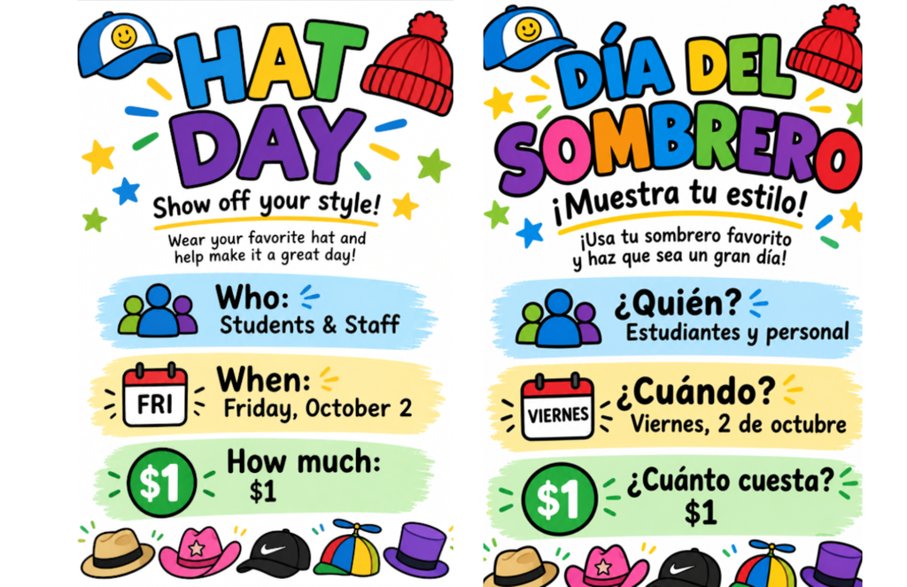 Side-by-side English and Spanish event flyer for Hat Day / Día del Sombrero on Friday, October 2 for $1.