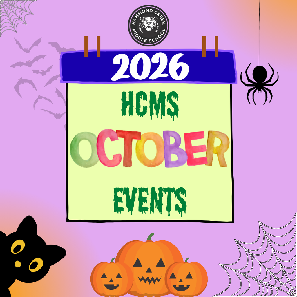 Graphic titled "2026 HCMS October Events." A calendar page displays the words "HCMS October Events" in colorful lettering. The design features Halloween-themed decorations, including pumpkins, a black cat, spiders, bats, and spider webs. The Hammond Creek Middle School logo appears at the top of the graphic against a purple background