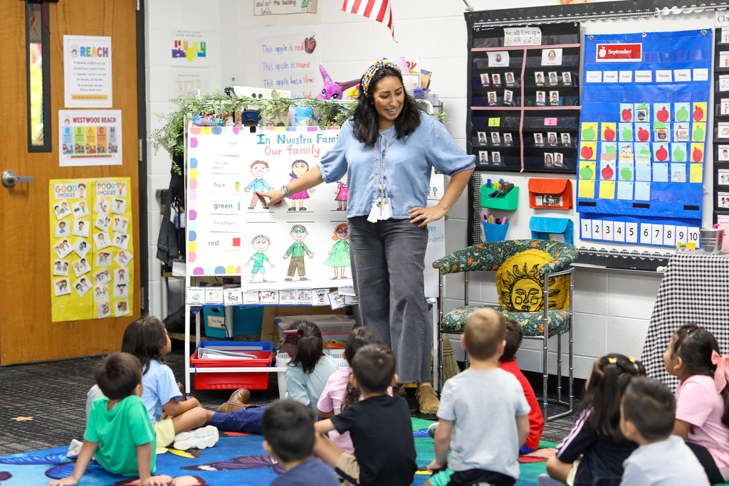 A teacher points to family members on a board.
