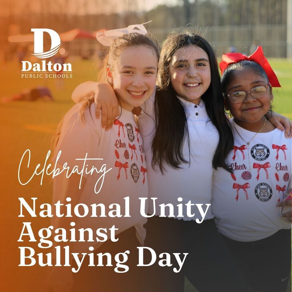 Graphic with white text on an orange background that reads "Celebrating National Unity Against Bullying Day," alongside students wearing white tops with orange details.