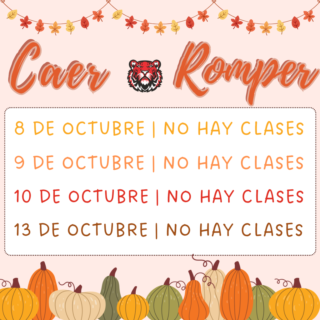 Gráfico anunciando las vacaciones de otoño de HCMS. El texto indica que no habrá clases el 8, 9, 10 y 13 de octubre. El diseño incluye calabazas, hojas de otoño, dos gansos con accesorios otoñales y el logotipo del tigre de HCMS sobre un fondo con temática de otoño.