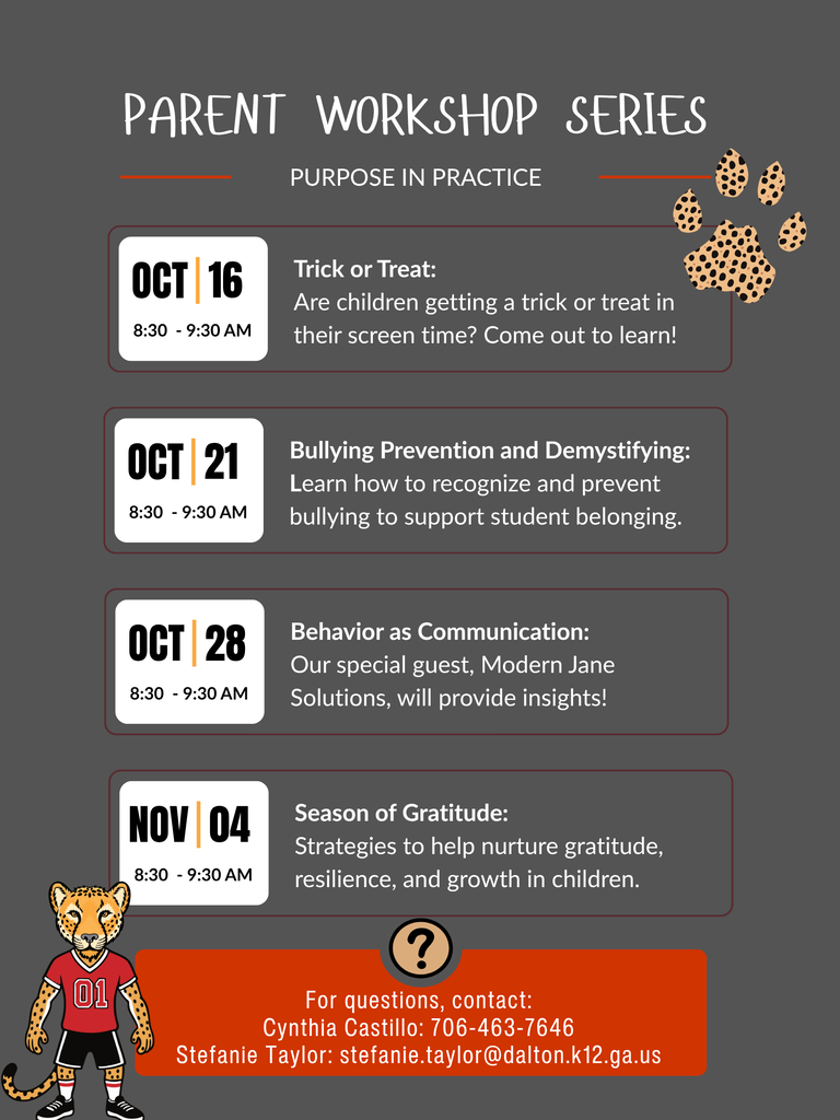 English flyer listing schedule and topics for the Parent Workshop Series running October through November.