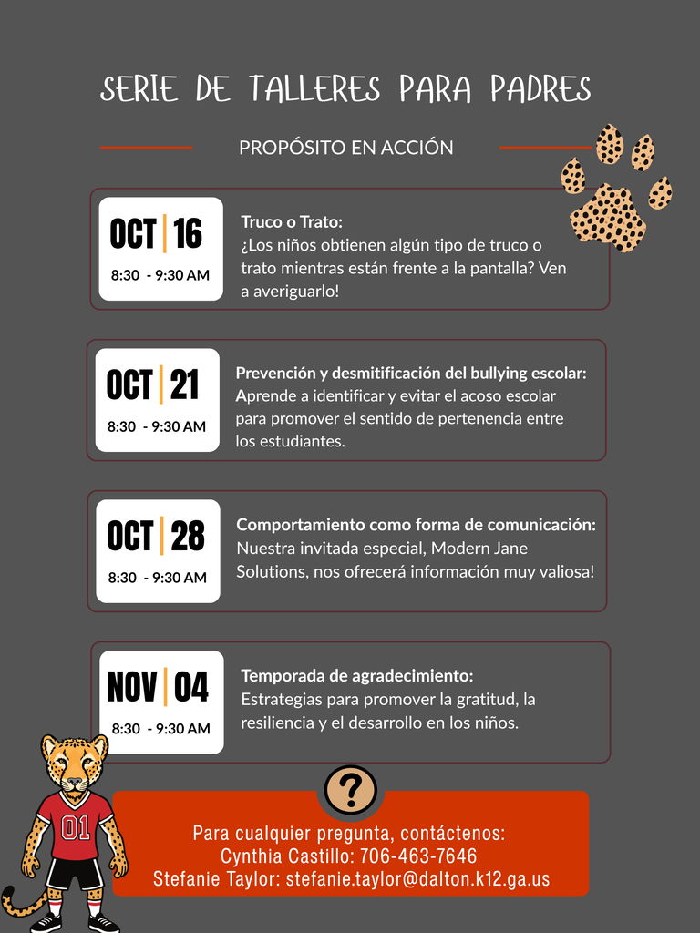 Spanish flyer listing dates and topics for the Parent Workshop Series held from October to November.