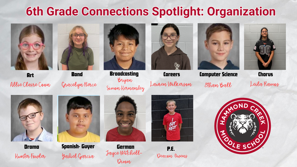 Graphic titled "Connections Student of the Month - September Trait: Organization." The graphic features headshots and names of 6th grade students recognized by their Connections teachers for demonstrating organization in their classes.