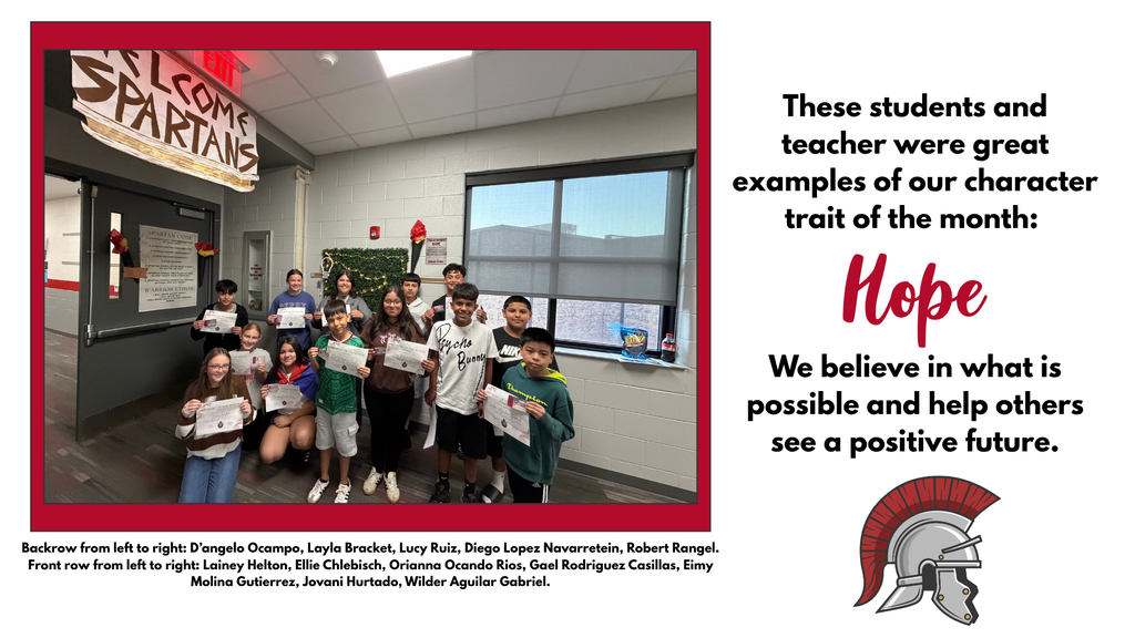 Group photo of Spartan Students of the Month and Teacher of the Month holding recognition certificates. The group is being recognized for demonstrating the September character trait of Hope, which emphasizes believing in what is possible and helping others see a positive future.