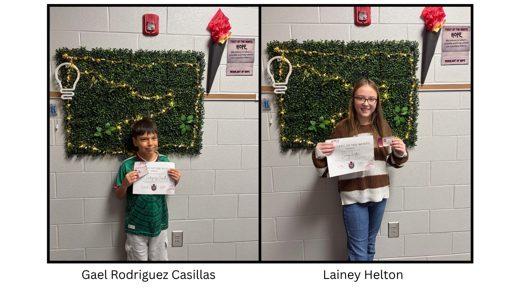 Student holds a Spartan Student of the Month certificate. The student is being recognized for demonstrating the September character trait of Hope.